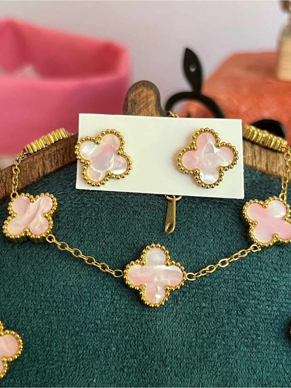 Gold-over SSteel Necklace, Bracelet Stud Earring Set w/Pink MoP Clovers  🍀 Adj - Picture 3 of 6